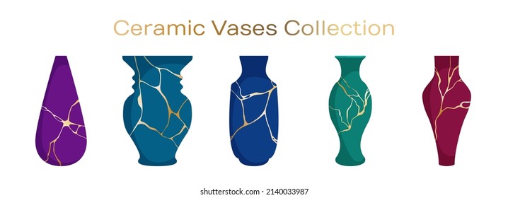 Greek ceramic vases vector collection. Pottery ceramic vases for flower bouquets with gold line kintsugi patterns. Home decor pottery. Elegant vessels illustration set.
