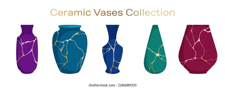 Greek Ceramic Vases Vector Collection. Pottery Ceramic Vases For Flower Ikebana With Gold Line Kintsugi Patterns. Home Decor Pottery. Vessel, Jar, Pot, Amphora, Bowl, 