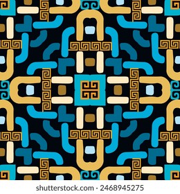 Greek checkered grid braided colorful seamless pattern. Ethnic celtic style ornamental vector background. Repeat curved lines and shapes modern backdrop. Greek key meanders ornaments. Endless texture.
