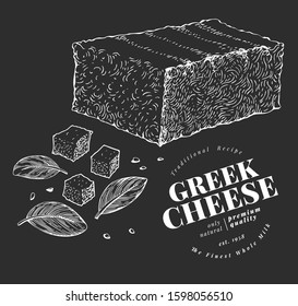 Greek cheese illustration. Hand drawn vector dairy illustration on chalk board. Engraved style feta. Retro food illustration.