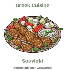 Greek chicken souvlaki with tzatziki sauce and fresh vegetables, grilled kebabs. Isolated vector illustration. 