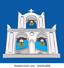 Greek church and bell tower with a cross in Santorini.