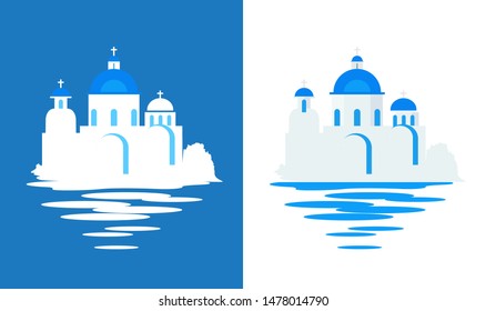 Greek Church with blue domes, Flat vector travel illustration on white and blue background.