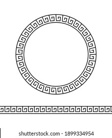Greek circle frame. Meander line. Border seamless pattern. Geometric banner isolated on white background. Greece ornament. Grecian ancient style. Mediterranean decor. Antique design for prints. Vector