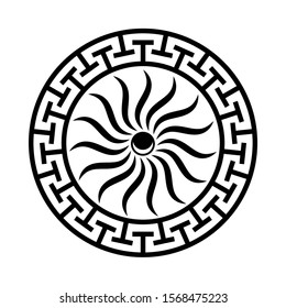 Greek circle ornament with sun rays and moon. Round greece icon with black maze frame. Ethnic vector illustration. Meander antique ring with insignia relief of ancient goddess 