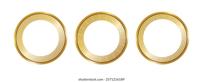 Greek circle pattern gold frame, round greek frame ornament, decoration elements vector illustration