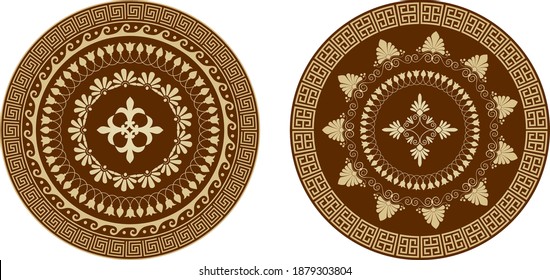Greek circular ornament in gold and brown colors. For decorating ceramics, textiles and other classic projects.