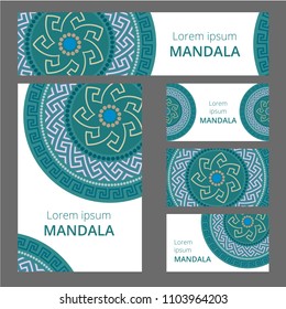 Greek circular pattern design template. May be used for Business card or booklet, banner, book cover. Vector illustration.