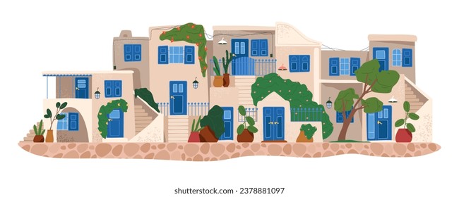 Greek city block. Vector buildings facade with green plants. Mediterranean neighborhood construction. Greece urban architecture. Landscape or panorama of town structure, cityscape. Athen, Crete