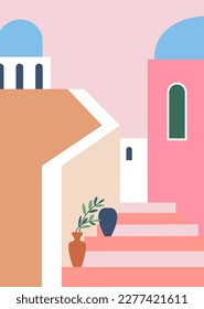 Greek cityscape with traditional architecture, arches and stairs, windows, and domes. Streets of Greece, houseplants decoration, and Mediterranean culture life. Vector in flat style illustration