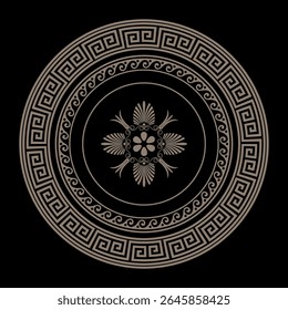 Greek classic gold round pattern frame plate with pattern in center. Greek meander. Circle european border. Patterns of Greece, ancient Rome. Classic egyptian, assyrian, greek motives