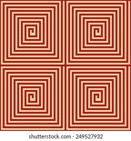 Greek classic mosaic. A rectangular coil with many turns. Vector seamless pattern in red and yellow colors.