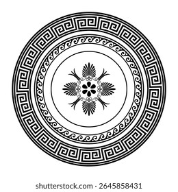 Greek classic round pattern frame plate with pattern in center. Greek meander. Circle european border. Round antique border. Patterns of Greece, ancient Rome. Classic egyptian, assyrian, greek motives