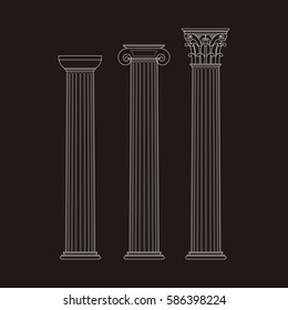 Greek classical columns. Doric style, Ionian Corinthian. Technical drawing. On black background