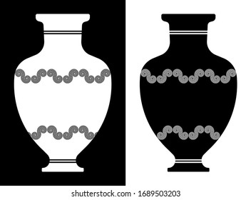 Greek clay jug with ornament elements, patterns. Isolated vector on black and white background