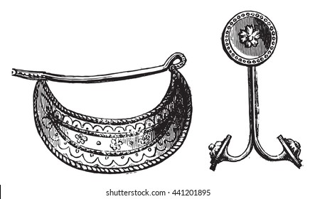 Greek clip and earring, belonging to the Campana collection of the Louvre Museum. From Fine Arts Book, vintage engraving, 1880.
