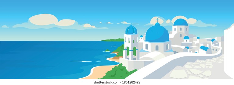 Ilustración vectorial de color plano de la ciudad costera griega. Vacaciones de verano en Grecia. Vacaciones mediterráneas. Edificios blancos tradicionales. Caricatura panorámica 2D de Santorini con paisaje marino