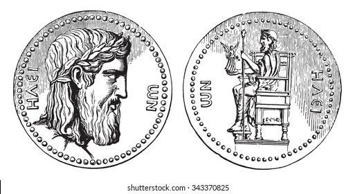 Greek coin with the head of Jupiter of Phidias, vintage engraved illustration. Industrial encyclopedia E.-O. Lami - 1875.