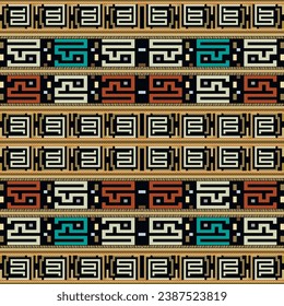 Bordes griegos coloridos sin fisuras con cremalleras, cuerdas. Fondo vectorial de moda. Repetir el trasfondo étnico tribal. Ornate ornamentos de frontera con símbolos antiguos de grecia, signos. Llave griega, serpenteantes.