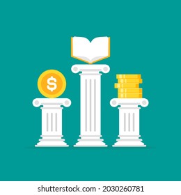 Greek column with golden book and money. Antique pillar. Education value, study expenses  concept. Knowlenge price. Vector illustration on blue background