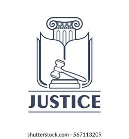 Greek column with lintel and opened book pages, judge gavel. Court decision or verdict of law icon, or punishment of crime symbol. Advocacy bureau and legal center, justice theme.