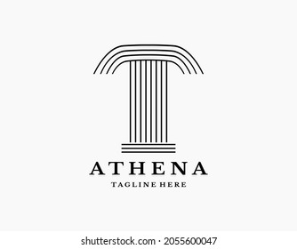 Greek column logo icon with stripes pattern. Letter T pillar column logo design inspiration. Aesthetic minimal design for lawyer, museum, company, architecture, bank.