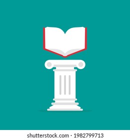 Greek column or pedestal with open book. Antique pillar. Library, university or bookstore concept. Education, knowlenge value. Vector illustration on blue background
