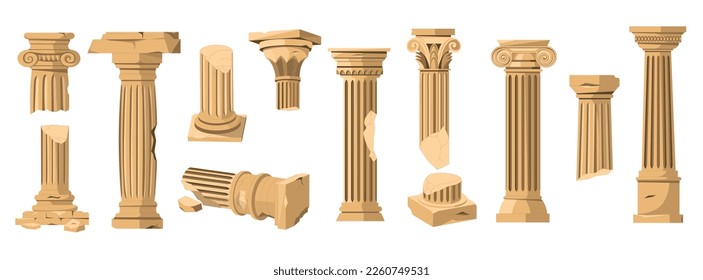 Columnas griegas. Antiguos pilares de piedra romana, antiguas ruinas de columnas de arquitectura clásica, antiguos arcos rajados estilo caricatura. Conjunto aislado de vectores de la ilustración del pilar antiguo romano