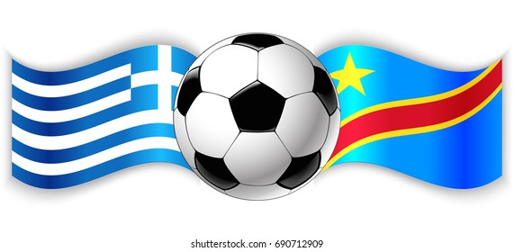 Greek and Congolese wavy flags with football ball. Greece combined with Democratic Republic of the Congo isolated on white. Football match or international sport competition concept.