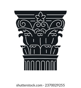 Greek corinthian column black concept. Ancient architecture isolated on black background. Digital illustration for web page, mobile app, promo.