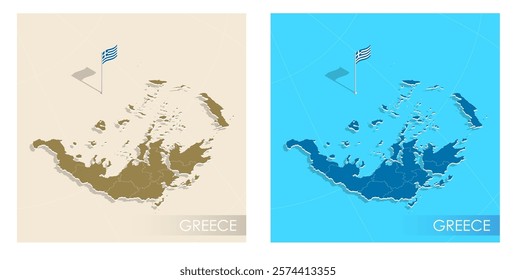 Greek country flag installed on geographic positioning map point of country territory. Greece commonwealth banner on land and sea. Festive patriotic HD format template for independence day