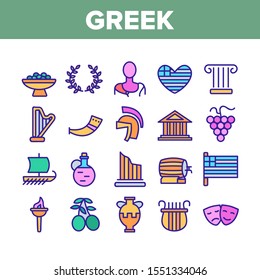 Greek Country Nation Cultural Icons Set Vector Thin Line. Harp And Greek Column, Parthenon And Amphora, Vase And Statue, Olives And Grape Concept Linear Pictograms. Color Contour Illustrations