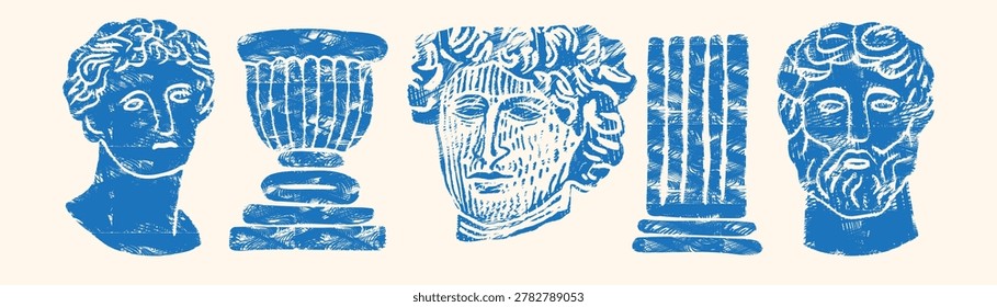 Greek crayon linocut vector set: ancient god busts, rustic vase and pillar in naive woodcut style, blue illustration on cream background for retro design