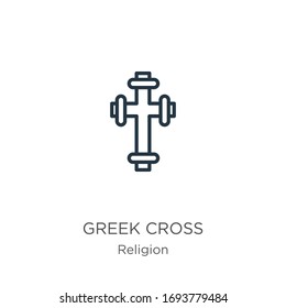 Icono de la cruz griega. Icono de contorno cruzado lineal fino aislado en fondo blanco de la colección religiosa. Signo vectorial de línea, símbolo para web y móvil