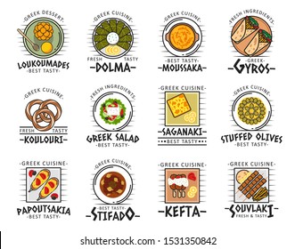 Greek cuisine dish icons with vector meat, vegetable and dessert food. Greek salad, souvlaki and pita gyros, moussaka, stuffed olives and dolma, beef stifado, kefta kebab and saganaki feta cheese