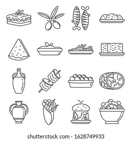 Greek Cuisine Food Icons Set. Outline Set Of Greek Cuisine Food Vector Icons For Web Design Isolated On White Background