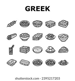 greek cuisine food lunch icons set vector. salad dinner, meal mediterranean, plate greece, healthy fresh, dish, appetizer feta greek cuisine food lunch black contour illustrations