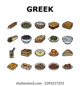 greek cuisine food lunch icons set vector. salad dinner, meal mediterranean, plate greece, healthy fresh, dish, appetizer feta greek cuisine food lunch color line illustrations