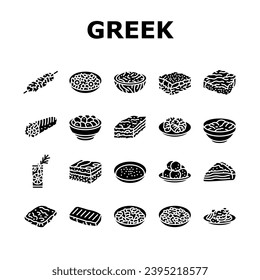 greek cuisine food lunch icons set vector. salad dinner, meal mediterranean, plate greece, healthy fresh, dish, appetizer feta greek cuisine food lunch glyph pictogram Illustrations
