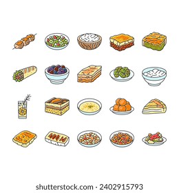 greek cuisine food lunch icons set vector. salad dinner, meal mediterranean, plate greece, healthy fresh, dish, appetizer feta greek cuisine food lunch color line illustrations