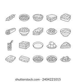 greek cuisine food lunch icons set vector. salad dinner, meal mediterranean, plate greece, healthy fresh, dish, appetizer feta greek cuisine food lunch black contour illustrations