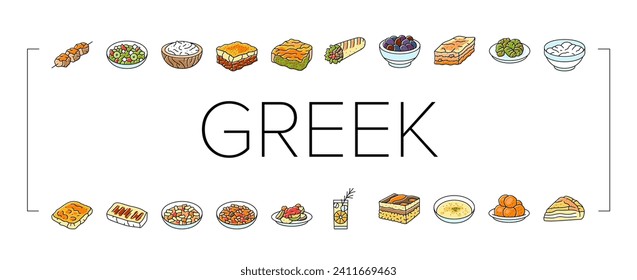 greek cuisine food lunch icons set vector. salad dinner, meal mediterranean, plate greece, healthy fresh, dish, appetizer feta greek cuisine food lunch color line illustrations