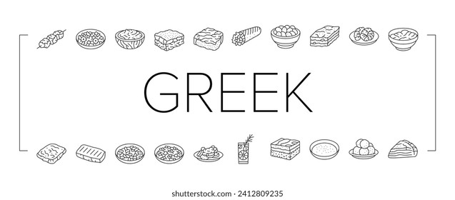 greek cuisine food lunch icons set vector. salad dinner, meal mediterranean, plate greece, healthy fresh, dish, appetizer feta greek cuisine food lunch black line illustrations