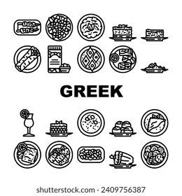 greek cuisine food salad icons set vector. greece table, mediterranean feta, meal island, dinner cheese, restaurant, oil olive greek cuisine food salad black contour illustrations