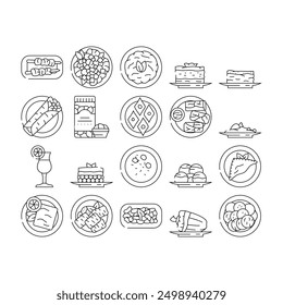 greek cuisine food salad icons set vector. greece table, mediterranean feta, meal island, dinner cheese, restaurant, oil olive greek cuisine food salad black contour illustrations