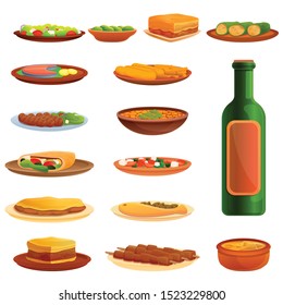 Greek cuisine icons set. Cartoon set of Greek cuisine vector icons for web design