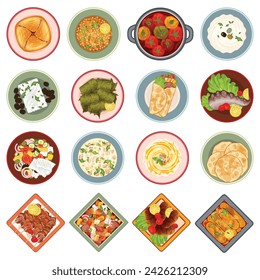 Greek cuisine icons set cartoon vector. Feta chicken food. Salad bowl