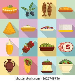 Greek cuisine icons set. Flat set of Greek cuisine vector icons for web design