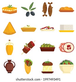 Greek cuisine icons set. Flat set of Greek cuisine vector icons isolated on white background