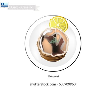 Greek Cuisine, Illustration of Traditional Grilled Kokoretsi or Rolls of Seasoned Lamb or Goat Offal Roasted on Wood Fire. One of The Most Popular Dish in Greece.